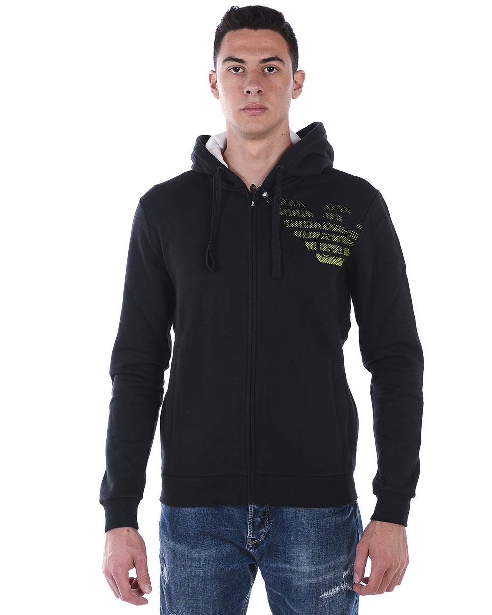 【EMPORIO ARMANI】 Men's Embroidered Logo Jersey Hoodie ★ Emporio Armani logo-embroidered Cotton Hoodie | Green | FARFETCH